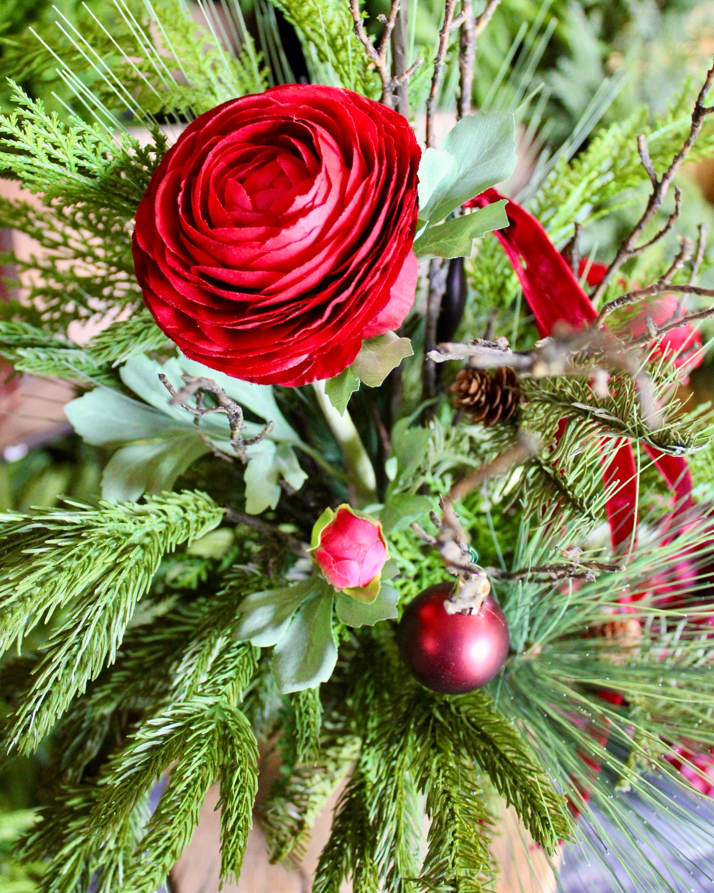 Ranunculus, Cedar & Pine Arrangement