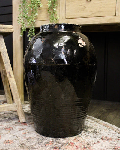 Large Black Glazed Vintage Pot