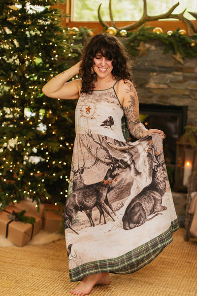 Winter Wish Bohéme Long Maxi Slip Dress w/ Christmas Deer