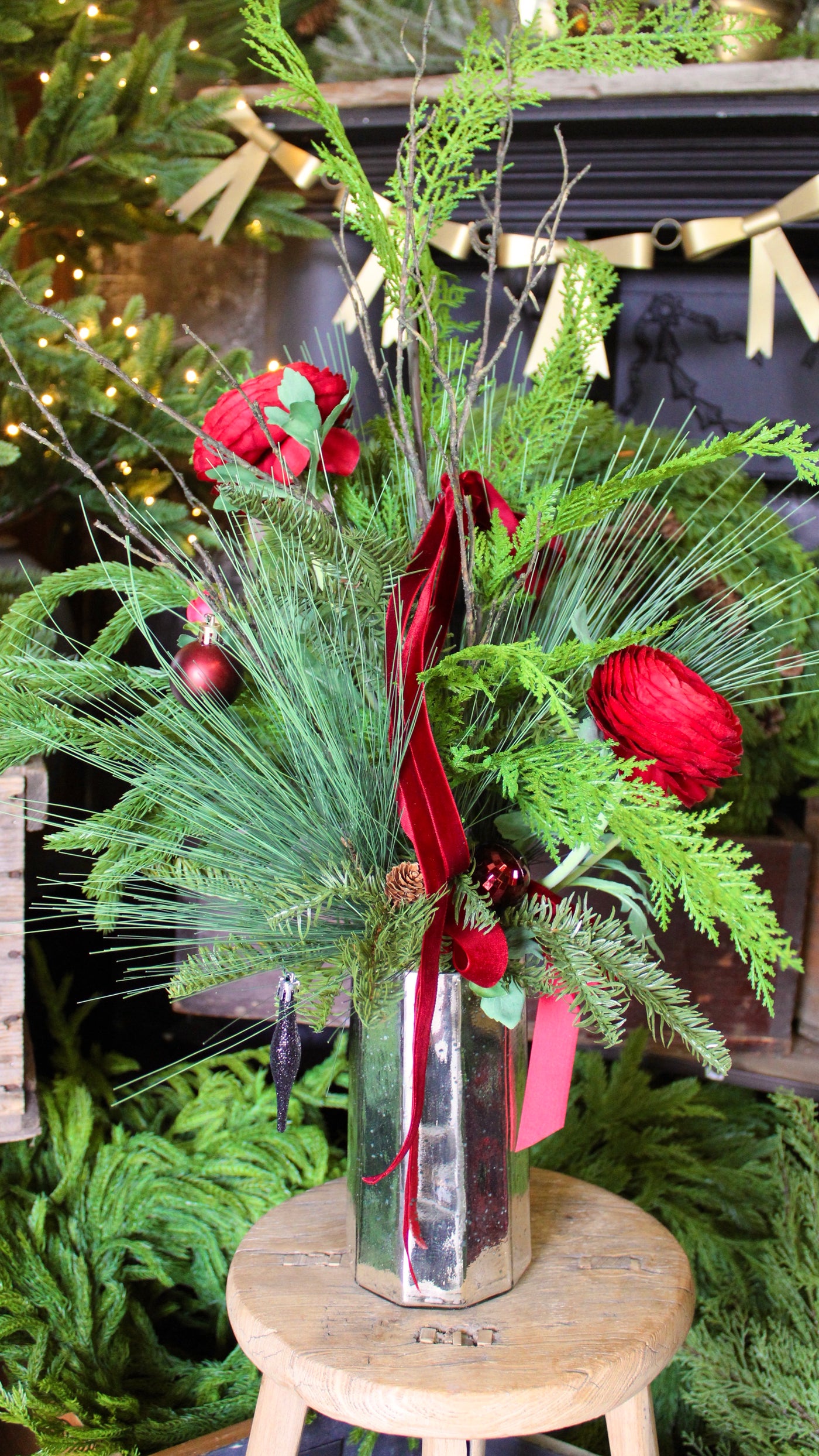 Ranunculus, Cedar & Pine Arrangement