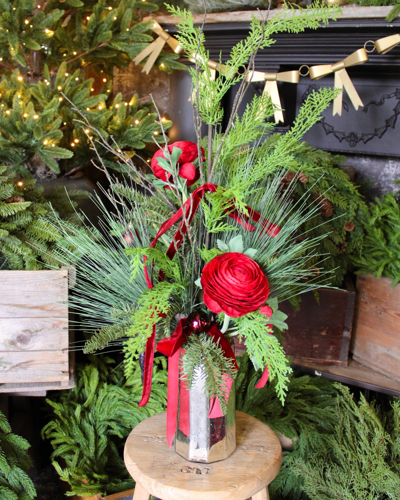 Ranunculus, Cedar & Pine Arrangement