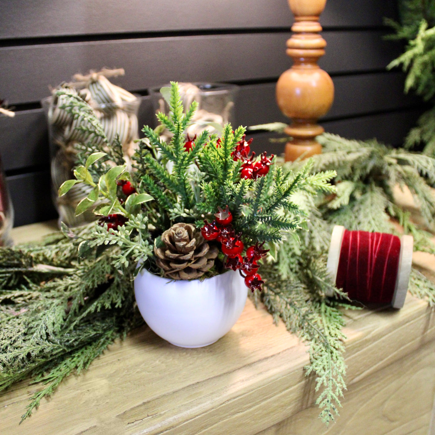 Potted Mini Red Berry & Pine Cone Arrangement