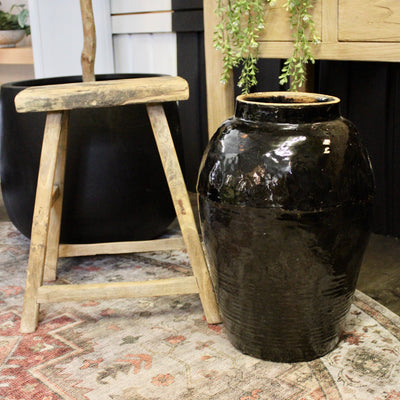 Large Black Glazed Vintage Pot