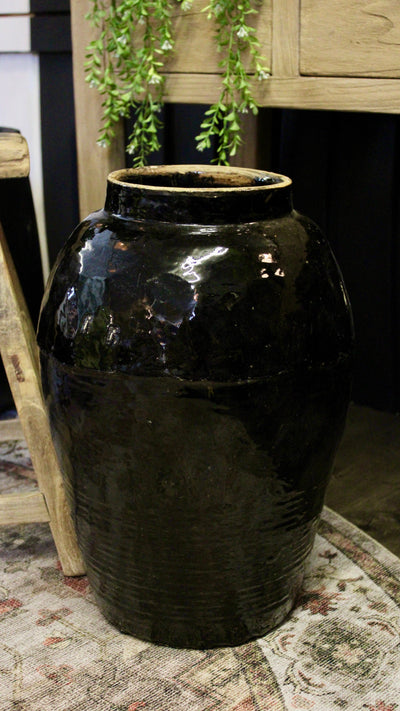 Large Black Glazed Vintage Pot