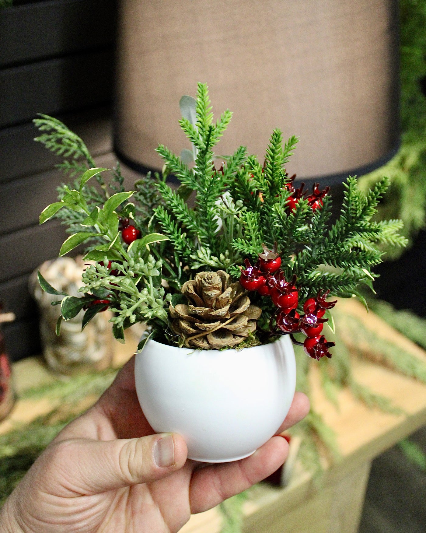 Potted Mini Red Berry & Pine Cone Arrangement