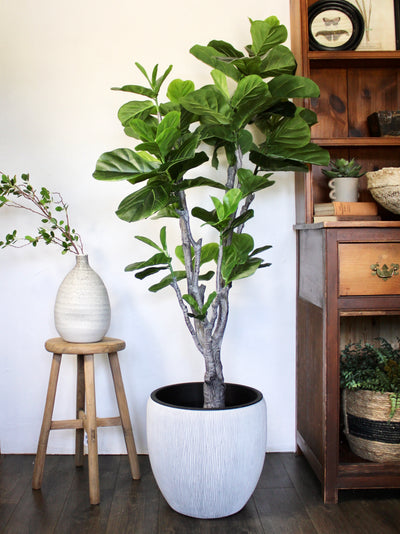 White Grooved Polystone Pot