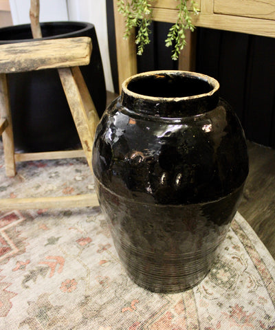 Large Black Glazed Vintage Pot