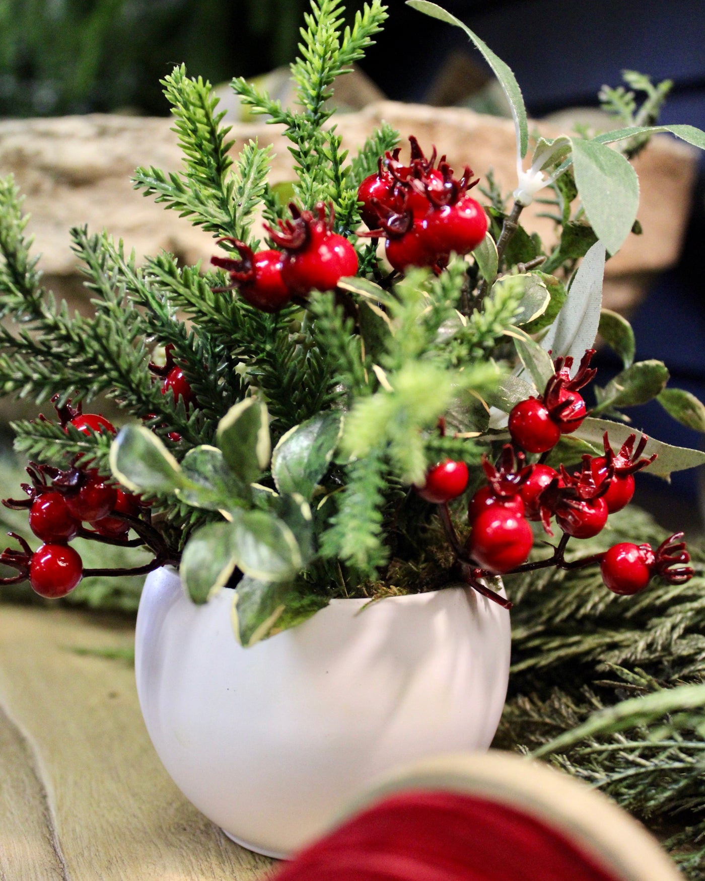 Potted Mini Red Berry & Pine Cone Arrangement