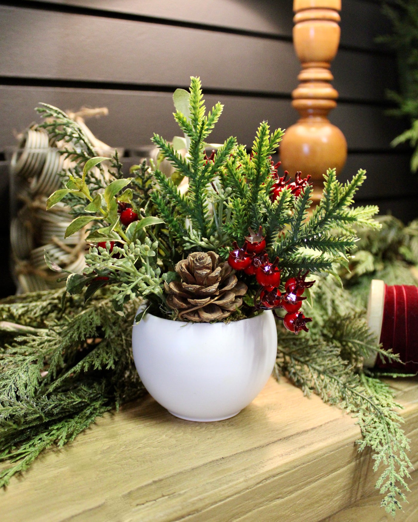 Potted Mini Red Berry & Pine Cone Arrangement