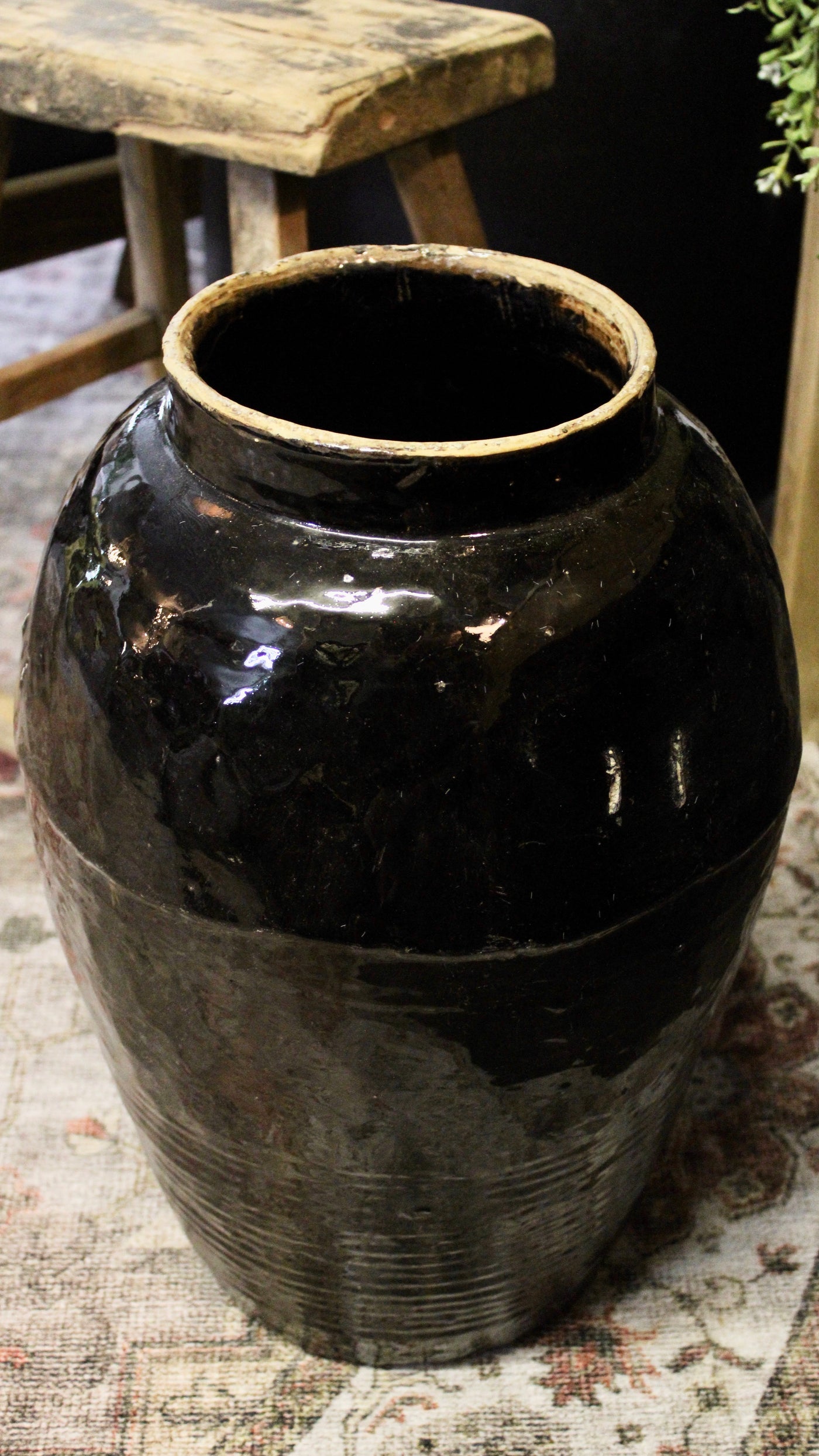 Large Black Glazed Vintage Pot