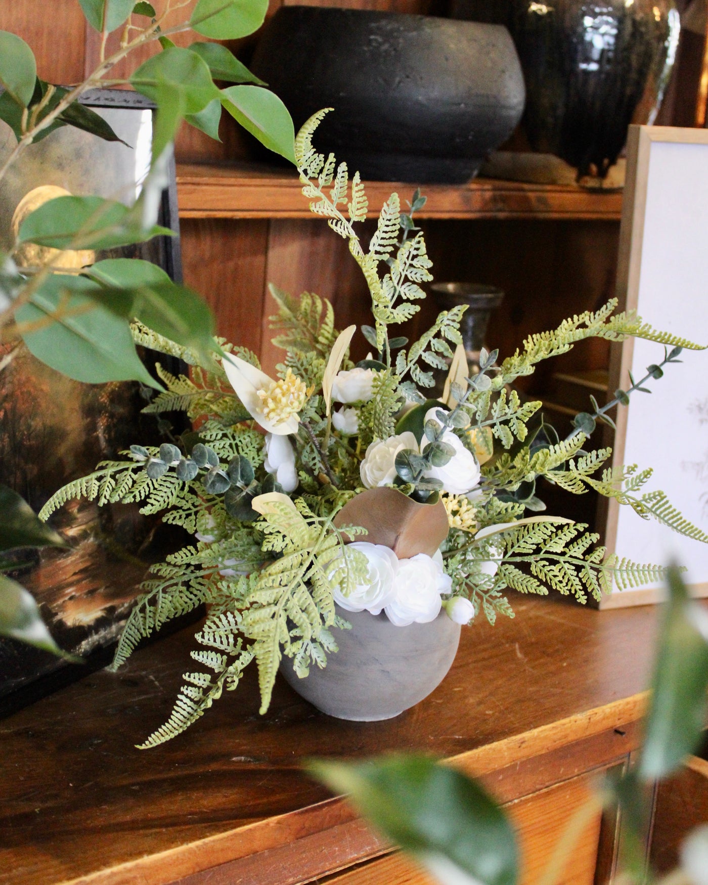 White Ranunculus & Fern Arrangement