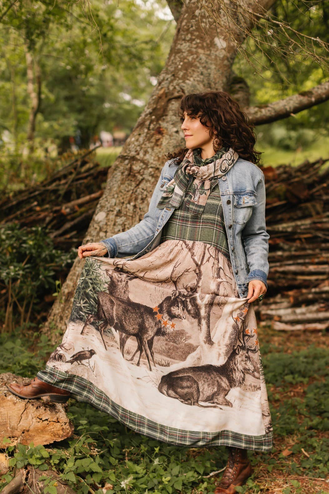 Winter Wish Bohéme Long Maxi Slip Dress w/ Christmas Deer