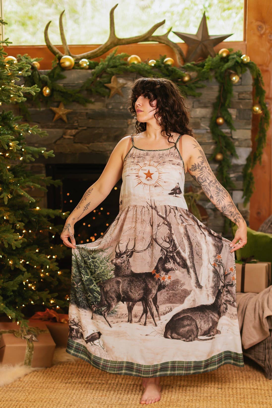 Winter Wish Bohéme Long Maxi Slip Dress w/ Christmas Deer
