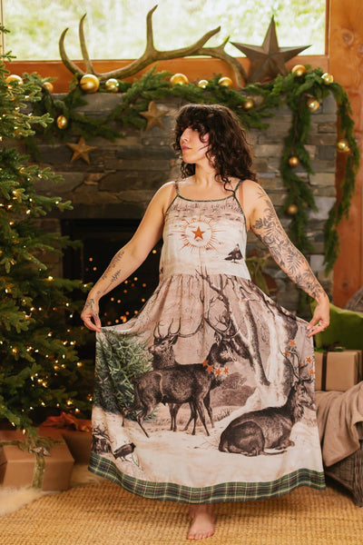Winter Wish Bohéme Long Maxi Slip Dress w/ Christmas Deer