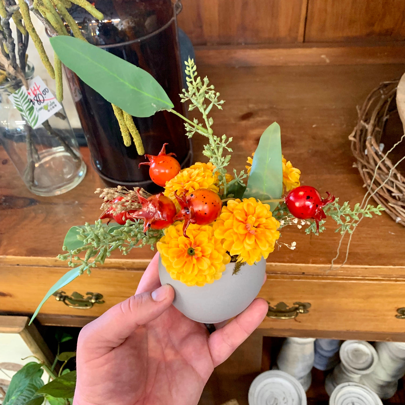 Yellow Mum & Rose Hip Arrangement